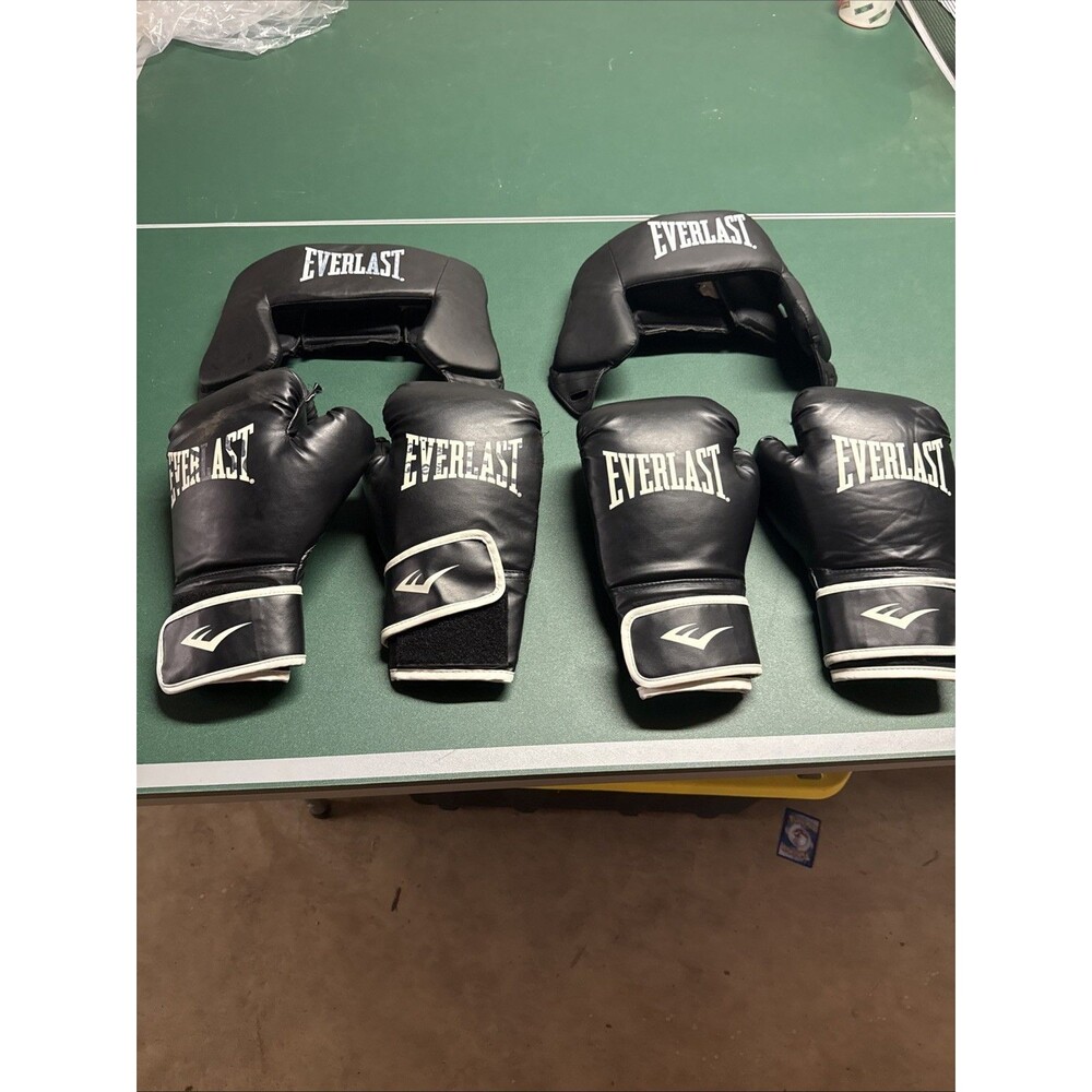 Everlast Boxing Gear Lot – 2 Pairs Gloves & 2 Headguards – Gloves Damaged